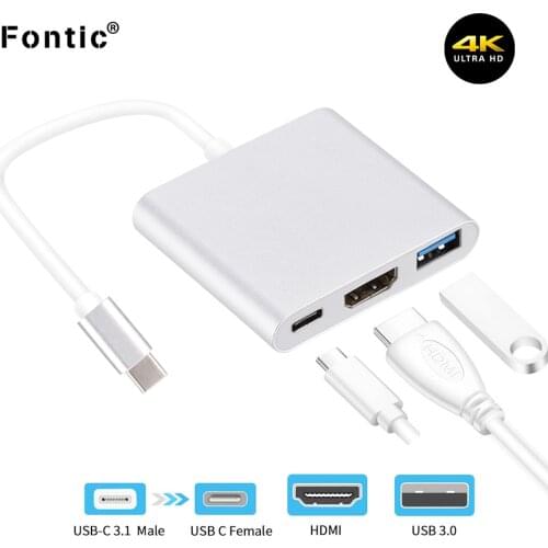 3 In 1 USB Type C Hub HDMI-Compatible 4K + USB3.0 + Type-C Female Multiport Adapter Cable