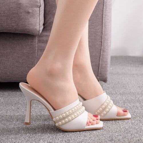 White Pearl Diamond Women High Heels Summer Sandals Stiletto Slippers Prom Platform Stripper Shoes