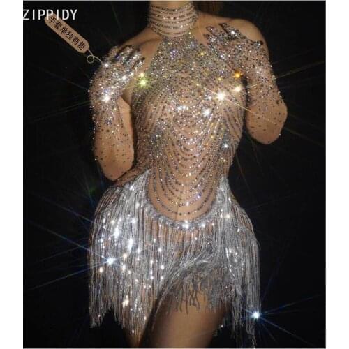 Flashing Rhinestone Silver Fringe Bodysuit Transparent Stone Gloves Bar Birthday Outfit Prom Latin Dance DS Outfit