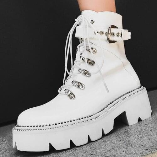 Black White Fashion Leather Ankle Boots Women Thick High Heels Platform Boots Autumn Winter Zipper Motorcycle Boots Ladies Shoes
