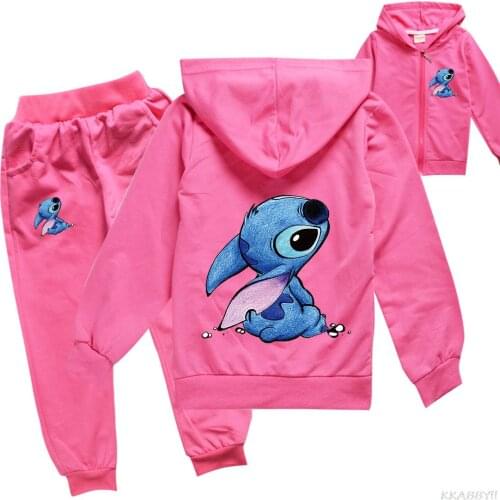 Stitch Childrens Clothing Spring Fall Baby Girls Thin Hooded Jacket Pants 2 PCS/Boys Group Casual Sportswear