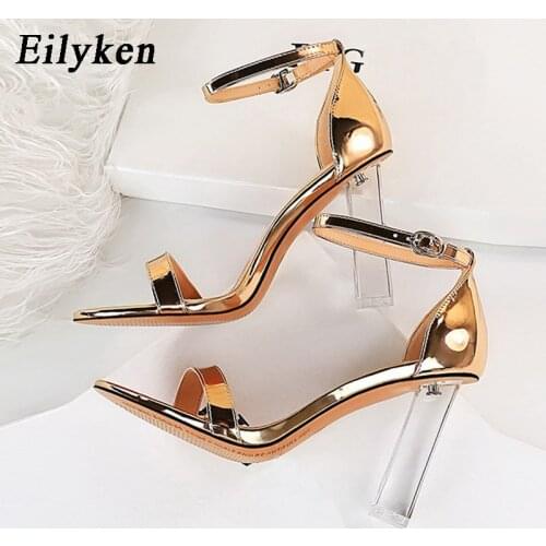 Eilyken High Quality Patent Leather Sandals Women 2021 New Fashion Transparent Crystal Perspex Heels Open Toe Buckle Strap Shoes