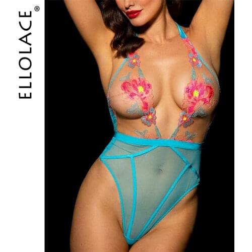 Ellolace Bodysuit Women Deep-V Erotic Costumes Transparent Babydoll Porn Intimate Goods Floral Sissy Halter Tempt Sexy Body