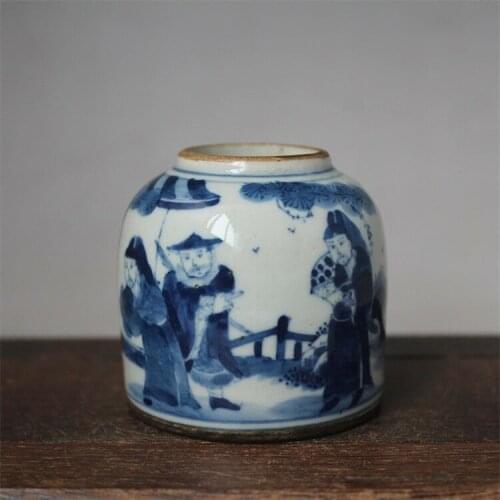 Chinese Old Marked Blue and White Character Story Pattern Porcelain Water Jar