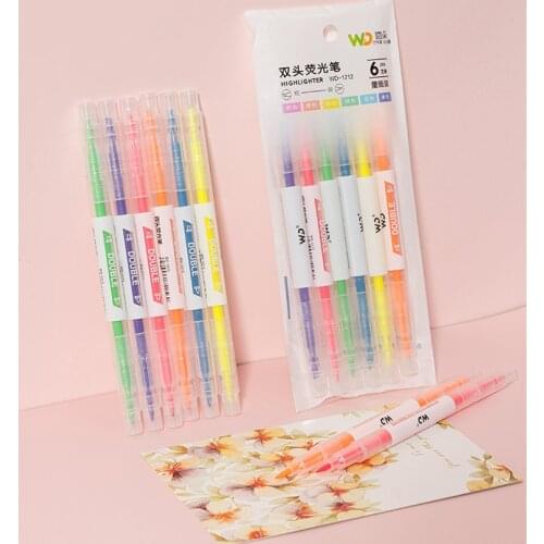 6Pcs/Set Double Head Fluorescent Highlighter Pen Markers Pastel Drawing Pen for Student School Office Supplies Cute Stationery