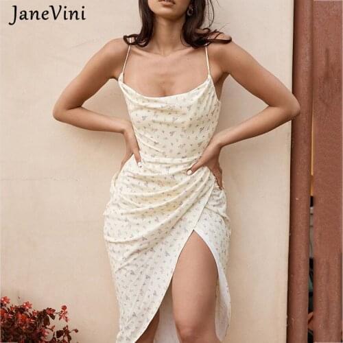 JaneVini 2021 Summer Women Yellow Print Dresses Spaghetti Straps Side Split Pleats Backless Female Sexy Beach Floral Long Dress