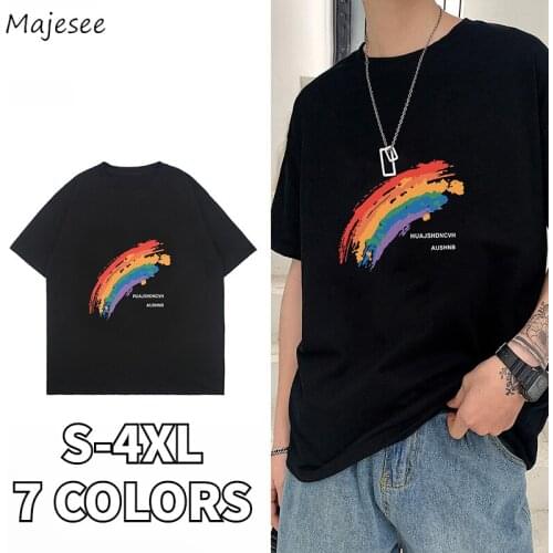 T-shirts Men Rainbow Printed 7 Colors Leisure Designed Round Neck Korean Style Couples Summer Tees Unisex Plus Size S-4XL Ins