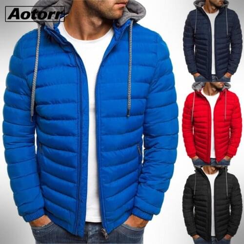 Mens Warm Parka Thick Hooded Jacket Male Cotton Outwear Zipper Slim Fit Overcoat Casual Patchwork Windbreaker Jacket Men
