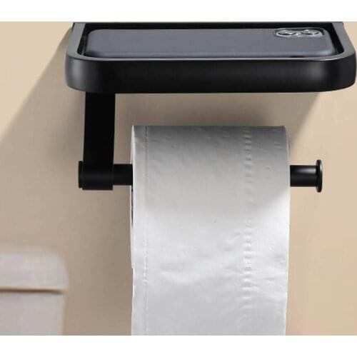 Drilling Wall Mounted Black Space Aluminum Material Accessories Phone Paper Roll Towel Holder Rack Bathroom Product Storage