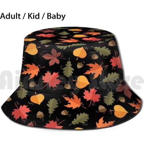 Autumn Leaves Pattern Black Background Sun Hat 1336 Bucket Hat Autumn Leaves Leaf October September
