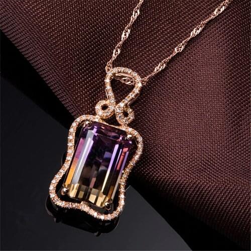 Amethyst & Citrine stone pendant necklace for women 18k rose gold tone large big gemstone crystal zircon diamonds bijoux gifts