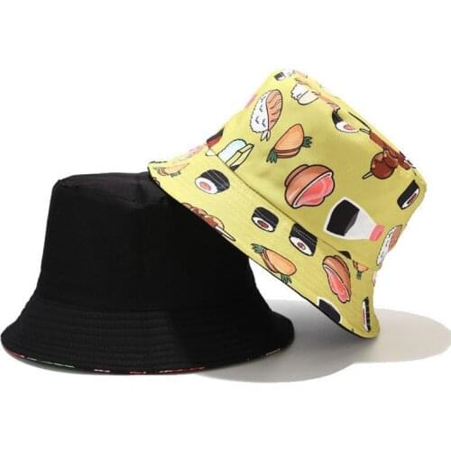Unisex Reversible Bucket Hat Sushi Hamburger Food Print Wide Brim Fisherman Cap