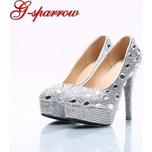Rhinestone Wedding Shoes Silver Crystal Platform High Heel Women Shoes Wedding Dress Bridal Shoes Gorgeous Bridesmaid Pumps