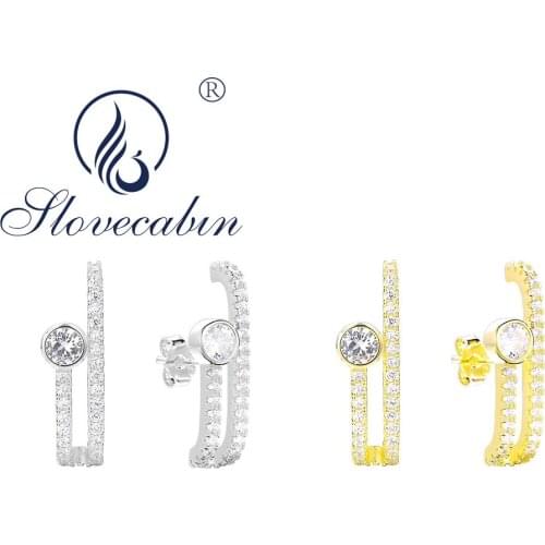 Slovecabin 925 Sterling Silver Full White Zircon Double Half Circle Drop Earring For Women Wedding Trendy Crystal Female Jewelry