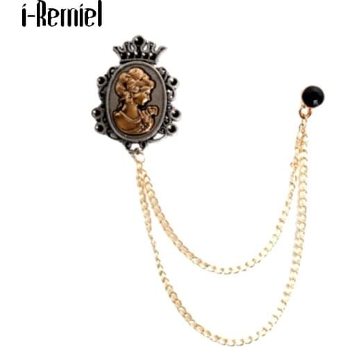 Vintage Beauty Lady Head Crown Brooches Fashion Jewelry Luxury Trendy Host Stage Male Suit Collar Pin Tassel Chain Accessories