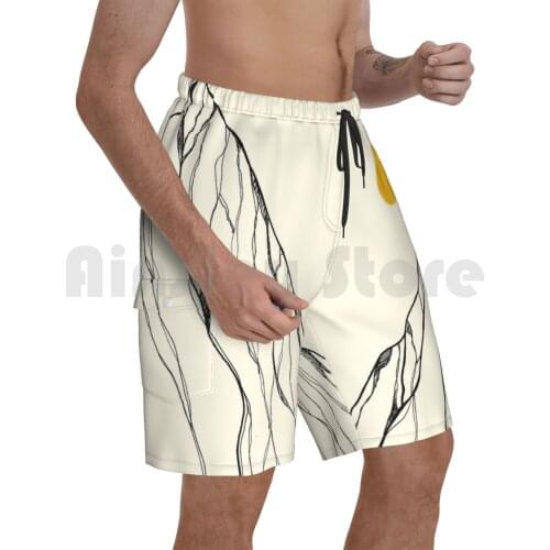 Yellow Line Beach Shorts Men Beach Pants Swimwear Hill Mountain Nature Shapes Abstract Yellow Simple Rocks Stone