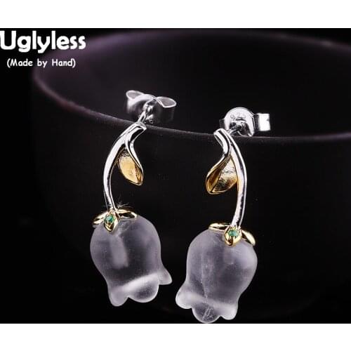 Uglyless Natural Transparent Crystal Tulip Earrings for Women Solid 925 Sterling Silver Floral Earrings Gold Brincos Jewel E1506