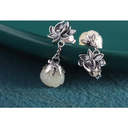 Hetian Jade Lotus S925 Womens Tassel Earrings