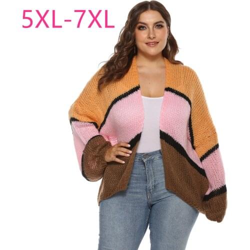 2021 new spring autumn winter plus size sweater for women large long sleeve loose stripe knit cardigan coat 5XL 6XL 7XL