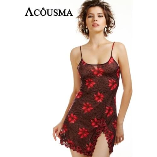 ACOUSMA Women Floral Embroidery Nightgowns Night Dress Sexy Split Translucent Spaghetti Strap Night Shirt Sleepwear Nightwear