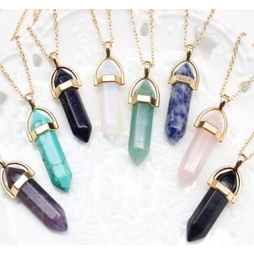 Double Necklace Moon Natural Hexagon Column Stone Golden Chain Womens Necklace Birthday Bridal Wedding Valentines Accessories