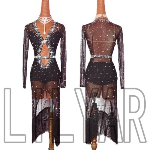 Latin Dance Dress Latin Skirt Competition Dress Costumes Performing Dress Practice Skirt Customize Adult Kids Lady Black mesh 12