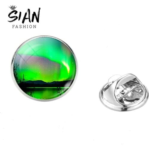 SIAN High Quality Northern Lights Brooch Green Aurora Borealis Scenery Pictures Stainless Steel Glass Brooches Statement Jewelry