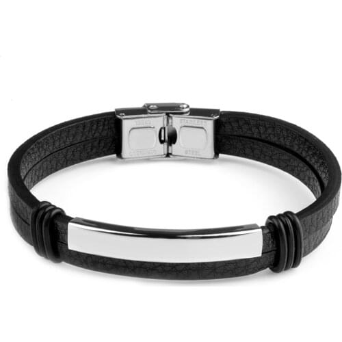 Genuine Leather Bracelet Silver Color Stainless Steel Handmade Office And Leisure Style Memorial Bangles For Men
