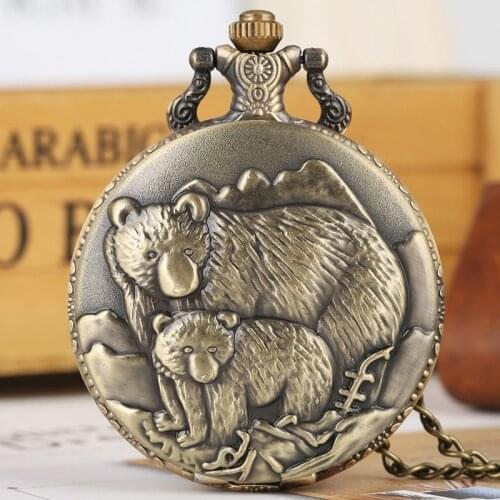Retro Bronze Polar Bear Figure Necklace Quartz Pocket Watch Bear Baby Pattern Chain Pendant Gifts for Men Women Jewelry reloj