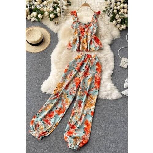 EKUWA 2021 Chic Fashion Summer Suit Women Floral Red Short Tops Backless Long Pants Elastic Waist Cute Sexy Girls Summer Suite