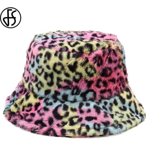 FS Winter Woolen Colorful Leopard Print Bucket Hat For Women Men Plus Velvet Thick Fisherman Hats Soft Warm Windproof Cap