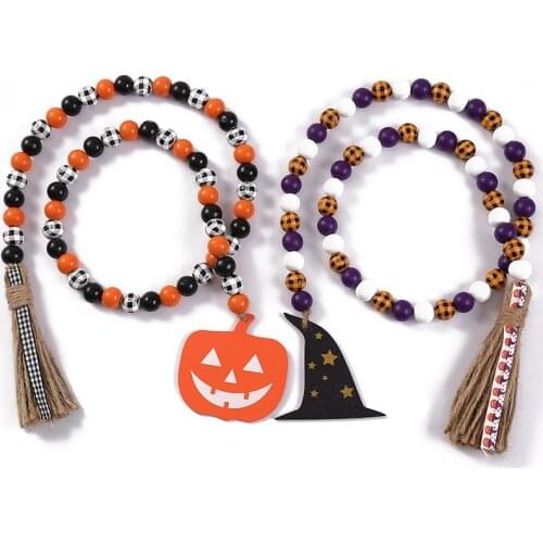 Halloween Beaded Hemp Rope Wooden Bead Holiday Decoration Pendant Creative Home Decoration Colorful Wooden Bead String Pendant
