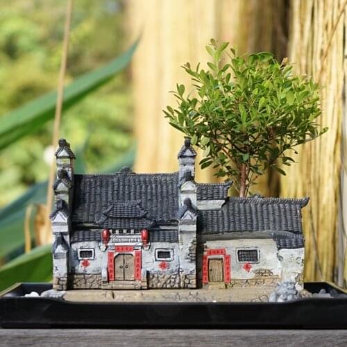 Chinese Traditional Building Design Breathable Resin Potted Plants Pots Bonsai Plants Pot Zen Micro Landscape Indoor Decoration