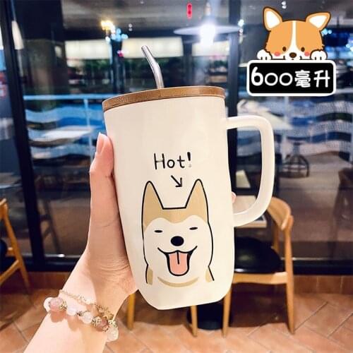 Creative Dog Design Mug Ceramic Coffee Cup With Wooden Lid Stanless Steel Straw 600ml Milk Tea Cups Large Capacity