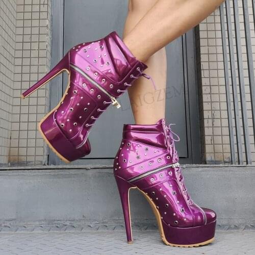 LAIGZEM Women Ankle Boots Studded Round Toe Shiny Stiletto High Heels Boots Faux Leather Handmade Shoes Woman Big Size 42 46 52