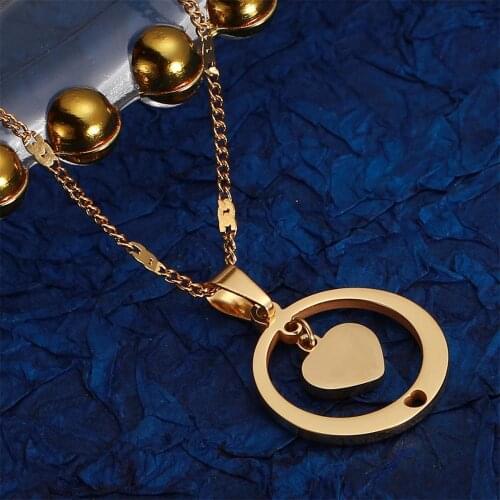 Stainless Steel Gold Color Round Heart Pendant Necklace Romantic Trendy Heart Chain Jewelry