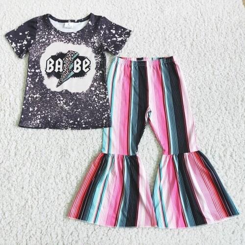 New Arrival Children Short Sleeve Outfit Baby Girls Letters Design Top And Stripes Flare Pants 2Pieces Set
