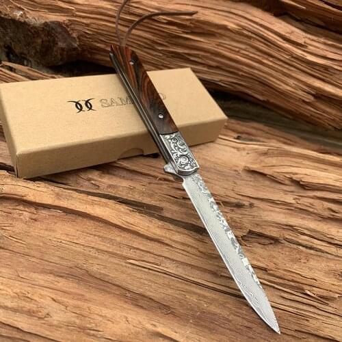 New SAMSEND natural red sandalwood Damascus Pocket Knife VG10 Multifuntion Tools Hiking Camping Folding Knife Collection tool