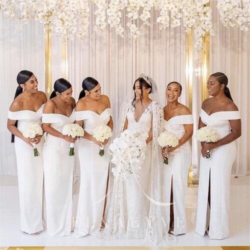 White Elastic Satin Off the Shoulder Bridesmaid Dresses 2022 Sleeveless Mermaid Wedding Party Dress with Side Split Plus Size