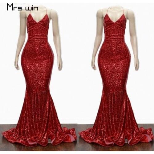 Mrs win Bridesmaid Dresses Sequined Red Mermaid Long Vestido Madrinha HR332 For Girls Backless Prom Dress Wedding Party Dresses