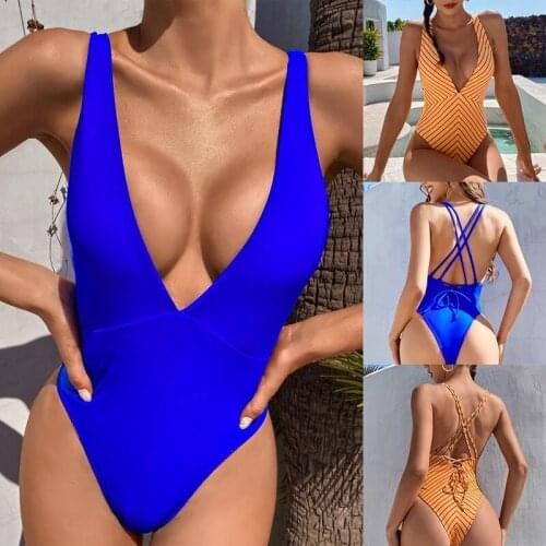 Sexy Deep V Neck Backless Women Swimwear One Piece Swimsuit Female Striped High Cut Bathing Suit Swim