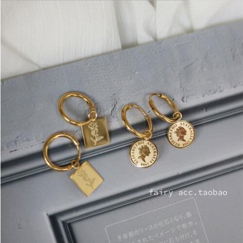 YUN RUO Vintage Flower Coin Stud Earring Hook Woman Gold Color Titanium Steel Jewelry Birthday Gift Never Fade Drop Shipping