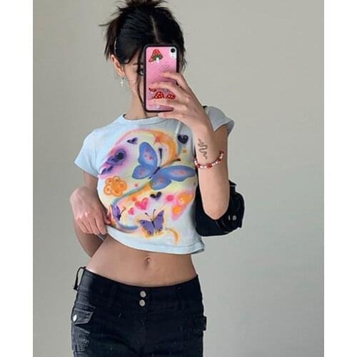 Y2K Aesthetics Butterfly Printing Cute Baby Tees Vintage 2000s O-neck Short Sleeve White T-shirts Kawaii Summer Crop Top