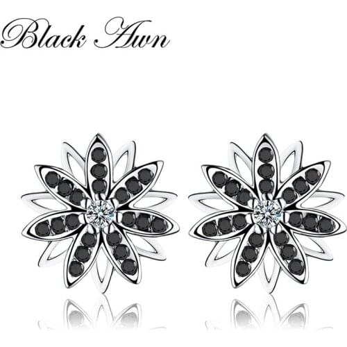 Romantic 1.2g Genuine 925 Sterling Silver Fine Jewelry Flower Black&White Stone Engagement Stud Earrings for WomenT119