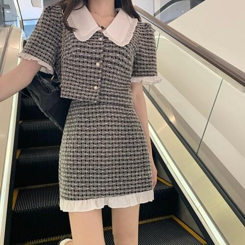 Korean Chic Student Two Piece Set Women Summer Sweet Suits Female Doll Collar Single-breasted Short Blouse Ruffles Mini Skirt