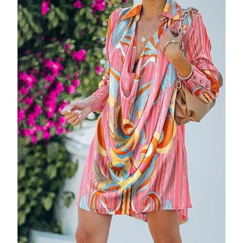 Autumn Fashion Pattern Print Draped Party Dress Women Turn-down Collar Shirt Dresses Ladies Spring Long Sleeve A-Line Mini Dress