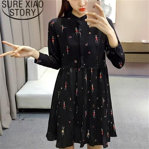 2021 Spring Long Sleeve Fashion Print Woman Dresses Chiffon Dress Women Plus Size Empire Button Pleated Women Dress 2186 50
