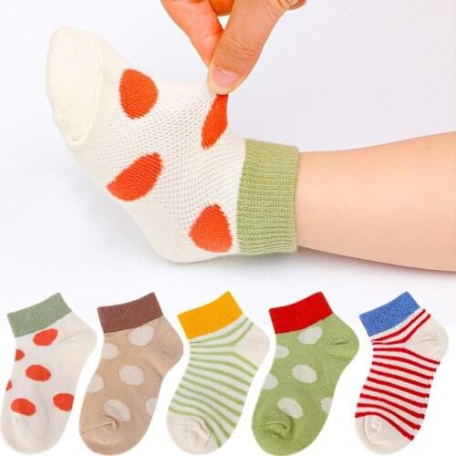 5 Pairs/Lot Children Cotton Socks Summer Mesh Breathable Thin Baby Socks For Girls Boys Dot Stripe Short Sock 1-12 Years