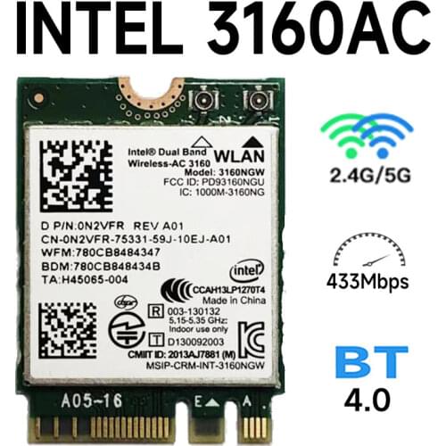 Intel 3160 3160NGW Dual Band Wireless AC + Bluetooth4.0 NGFF wifi card 802.11AC Wireless Linux Win7 Win8 Win10