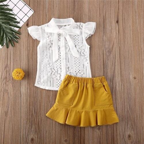 Two Piece Set Toddler Kids Baby Girls Clothes Sleeveless Lace Tops+Yellow Ruffle Mini Skirt Set Cute Girl Outfit Summer